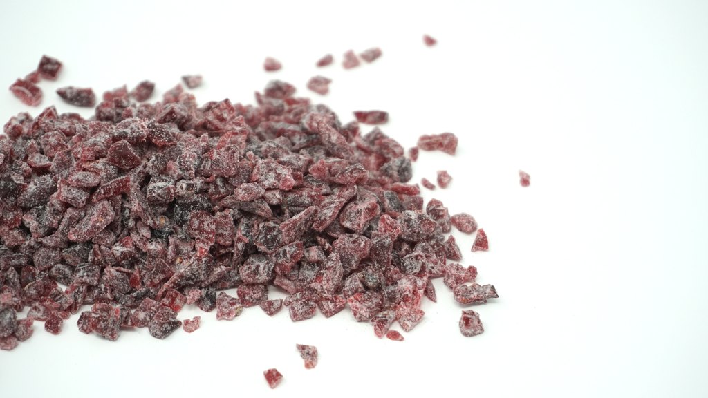Gesüßte Cranberrywürfel, Seitenansicht